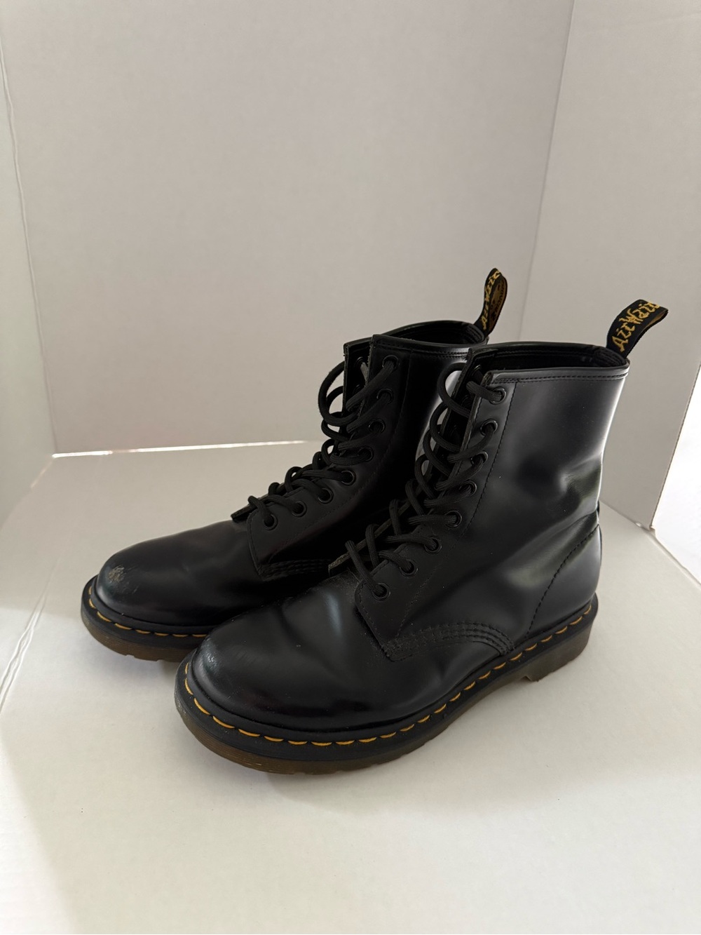 Dr. Martens Black Leather 8-Eye Lace-Up Boots with Yellow Stitching. Size 39. US